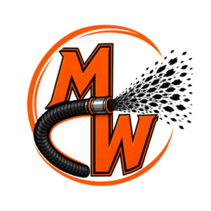 MulchWorx logo featuring orange MW letters and a hose spraying mulch.