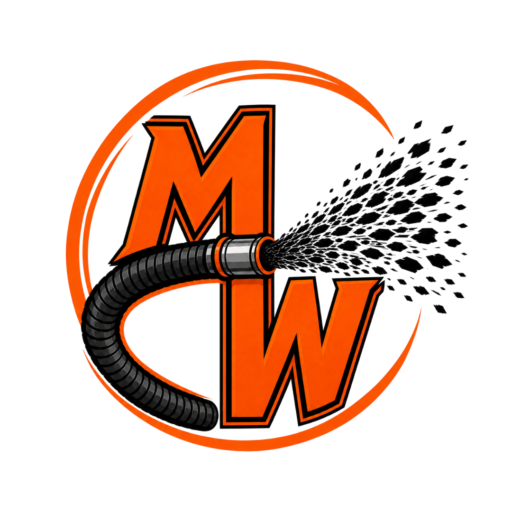 MulchWorx logo featuring orange MW letters and a hose spraying mulch.